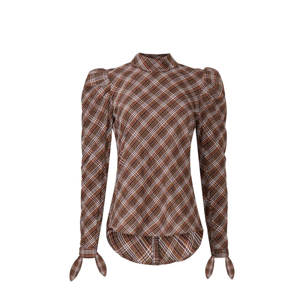Veronica Beard Isabel Brown Plaid Puff Long Sleeve Mock Neck Top Size 2 - Picture 5 of 15
